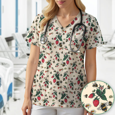 Cute Strawberry Bee Daisy Floral Pattern Scrub Top, Comfortable Scrubs for Nurses