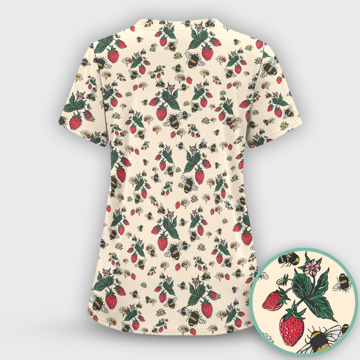 Cute Strawberry Bee Daisy Floral Pattern Scrub Top, Comfortable Scrubs for Nurses
