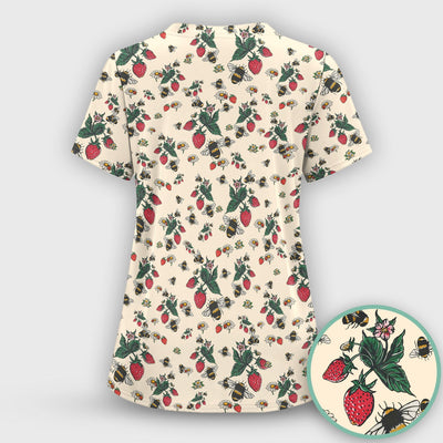 Cute Strawberry Bee Daisy Floral Pattern Scrub Top, Comfortable Scrubs for Nurses