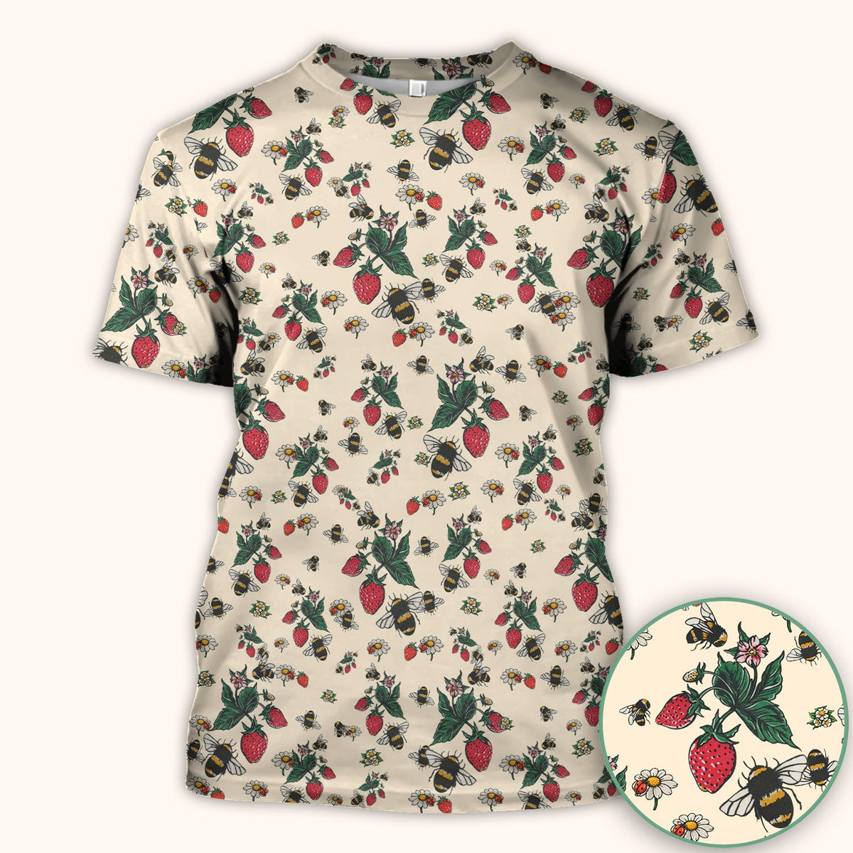 Cute Strawberry Bee Daisy Floral Pattern Scrub Top, Comfortable Scrubs for Nurses