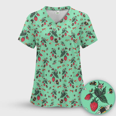 Cute Strawberry Bee Daisy Floral Pattern Scrub Top, Comfortable Scrubs for Nurses