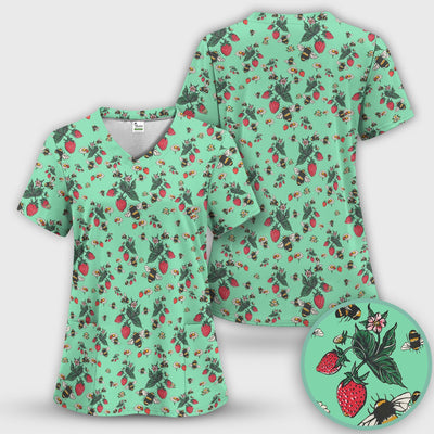 Cute Strawberry Bee Daisy Floral Pattern Scrub Top, Comfortable Scrubs for Nurses