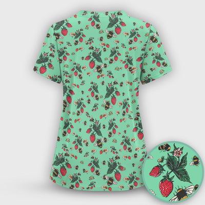 Cute Strawberry Bee Daisy Floral Pattern Scrub Top, Comfortable Scrubs for Nurses