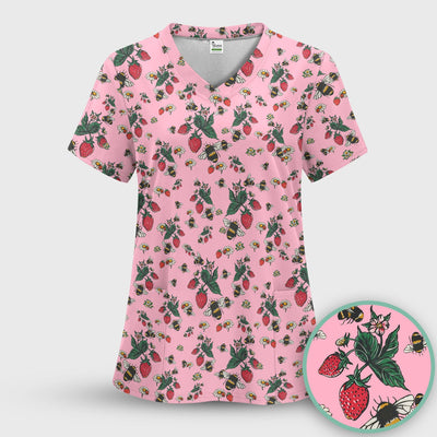 Cute Strawberry Bee Daisy Floral Pattern Scrub Top, Comfortable Scrubs for Nurses