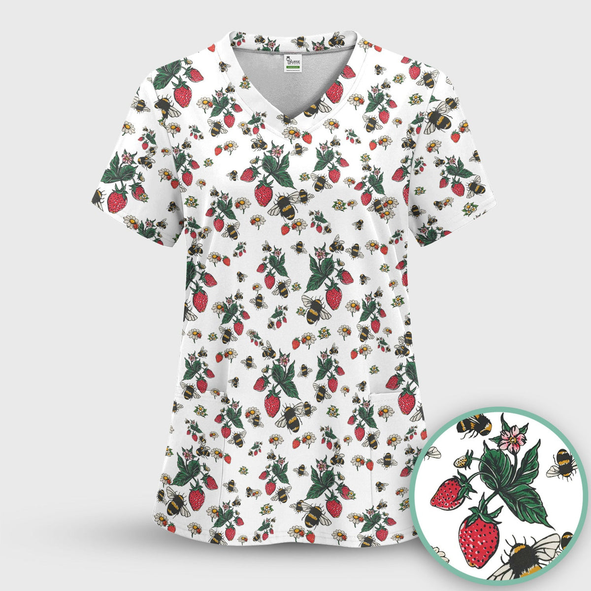Cute Strawberry Bee Daisy Floral Pattern Scrub Top, Comfortable Scrubs for Nurses