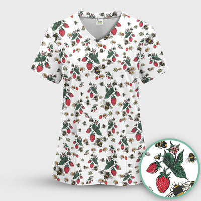 Cute Strawberry Bee Daisy Floral Pattern Scrub Top, Comfortable Scrubs for Nurses