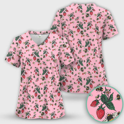 Cute Strawberry Bee Daisy Floral Pattern Scrub Top, Comfortable Scrubs for Nurses