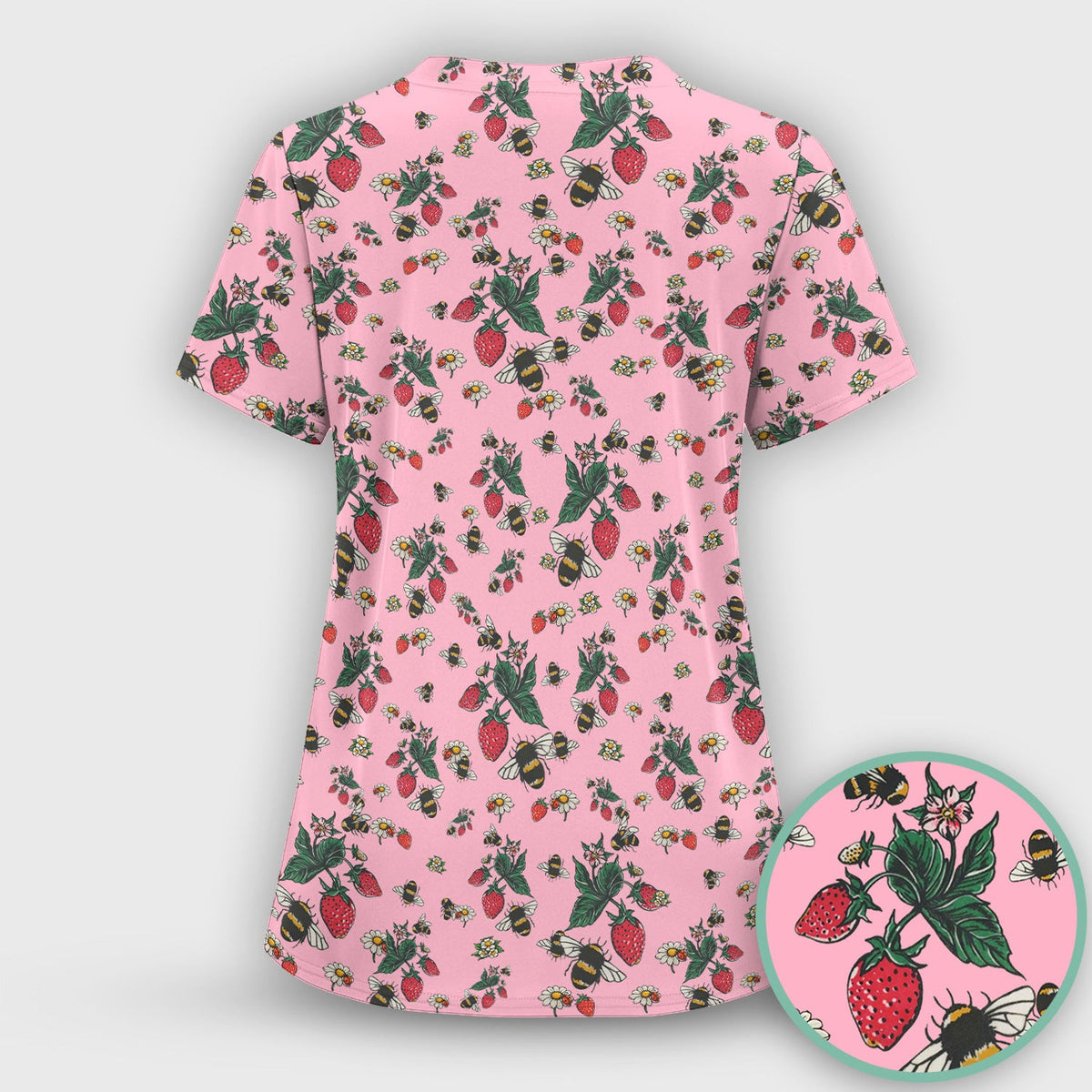 Cute Strawberry Bee Daisy Floral Pattern Scrub Top, Comfortable Scrubs for Nurses