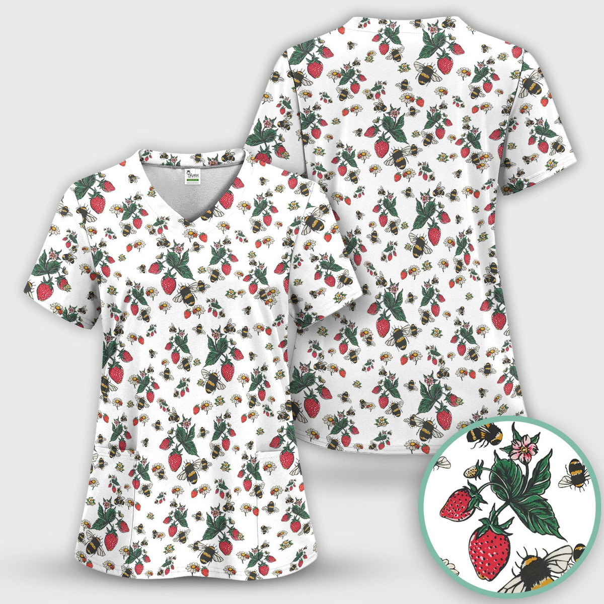 Cute Strawberry Bee Daisy Floral Pattern Scrub Top, Comfortable Scrubs for Nurses
