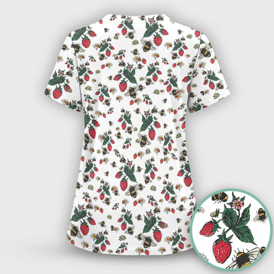 Cute Strawberry Bee Daisy Floral Pattern Scrub Top, Comfortable Scrubs for Nurses