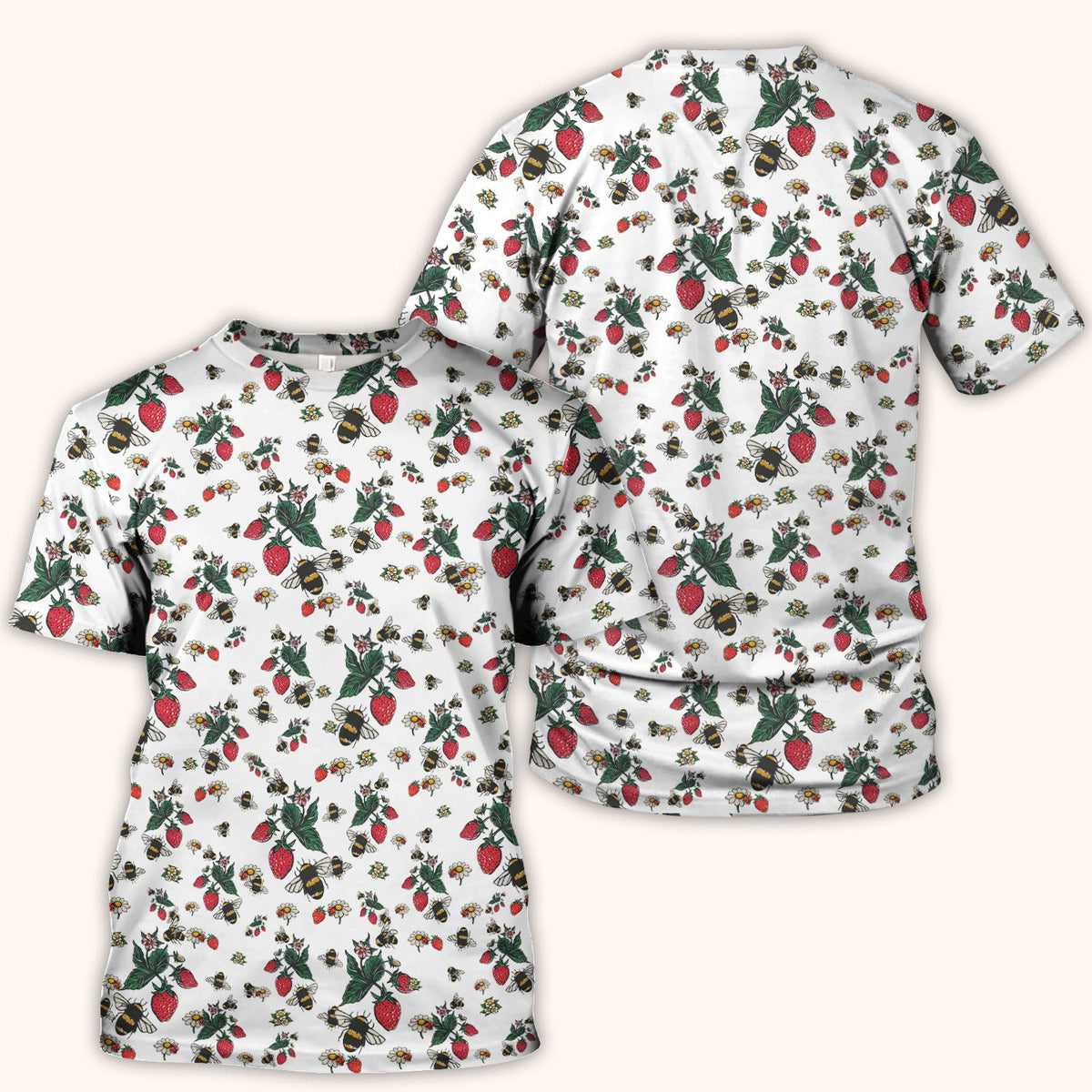 Cute Strawberry Bee Daisy Floral Pattern Scrub Top, Comfortable Scrubs for Nurses