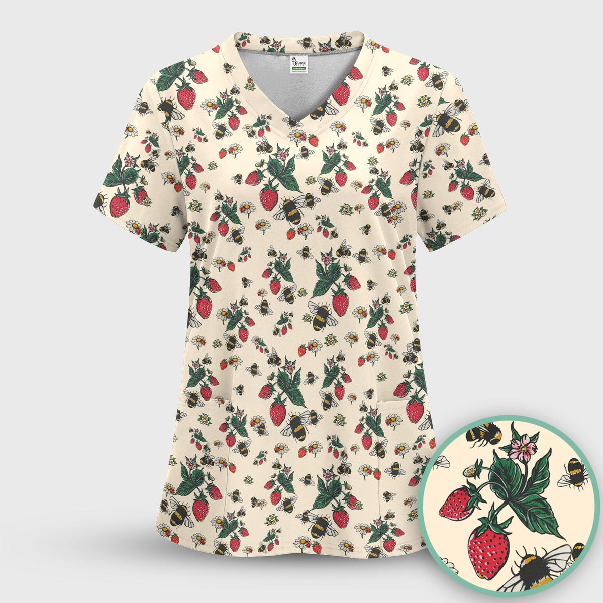 Cute Strawberry Bee Daisy Floral Pattern Scrub Top, Comfortable Scrubs for Nurses