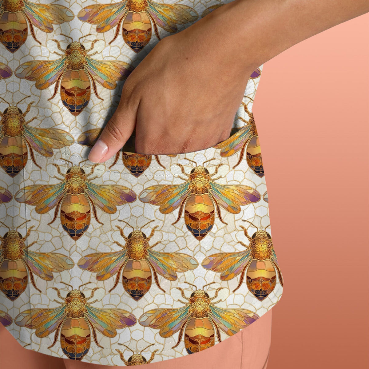 Golden Honey Bee Honeycomb Nurse Pattern Scrub Top, Comfortable Scrubs for Nurses