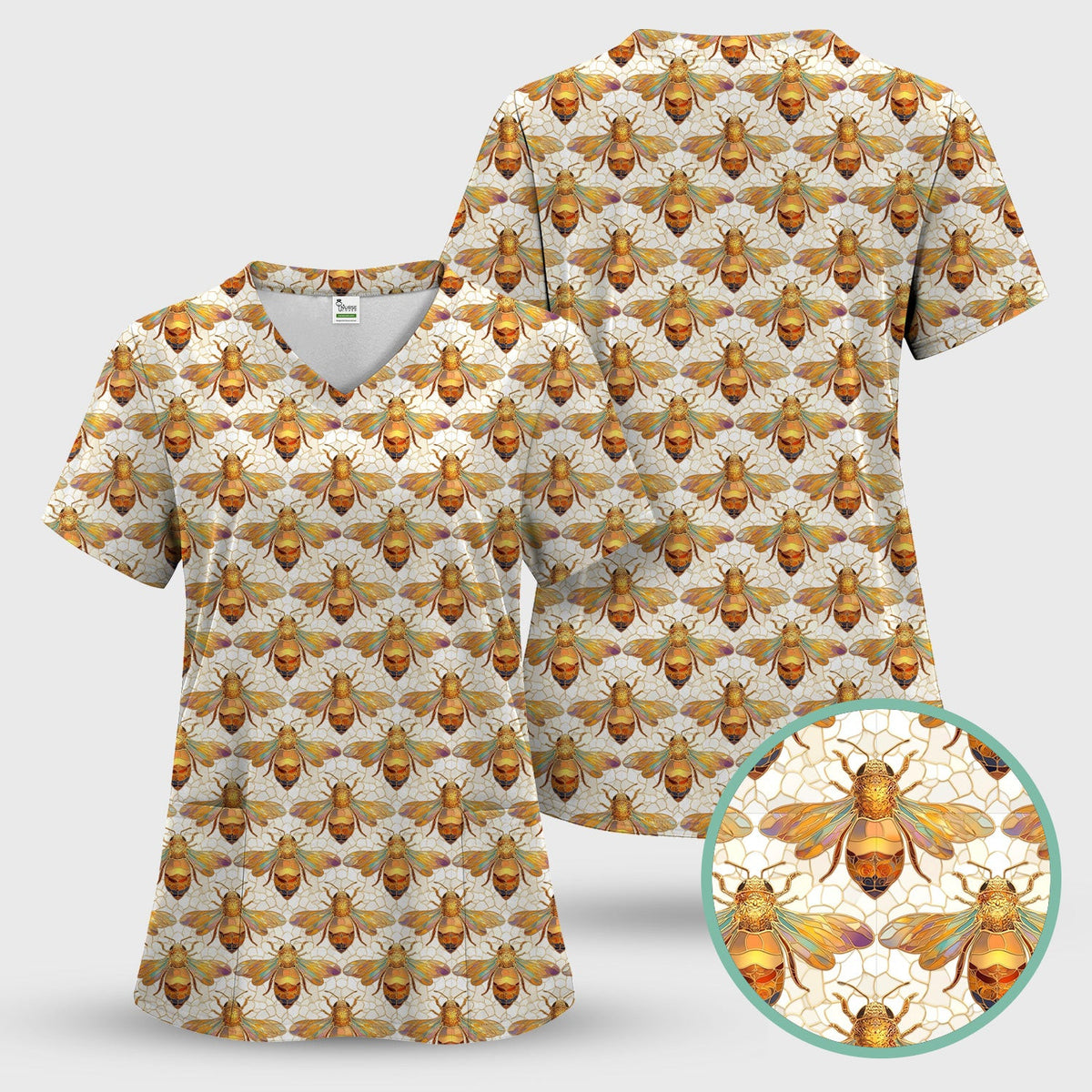 Golden Honey Bee Honeycomb Nurse Pattern Scrub Top, Comfortable Scrubs for Nurses