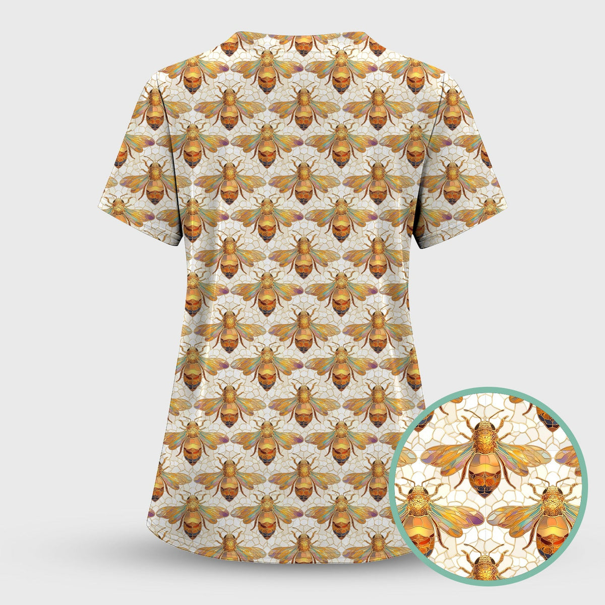 Golden Honey Bee Honeycomb Nurse Pattern Scrub Top, Comfortable Scrubs for Nurses