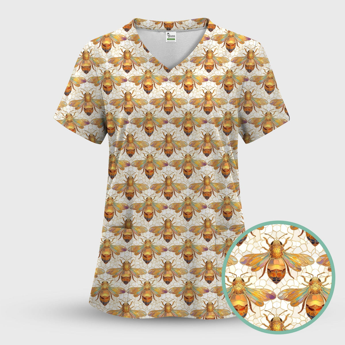 Golden Honey Bee Honeycomb Nurse Pattern Scrub Top, Comfortable Scrubs for Nurses