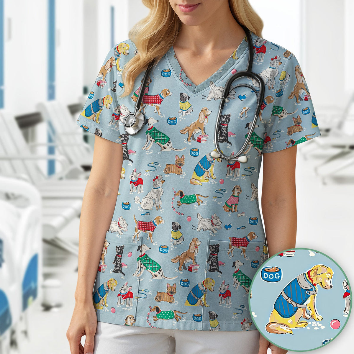 Cute Dog Wearing Sweater Playing Ball Pattern Scrub Top, Comfortable Scrubs for Nurses