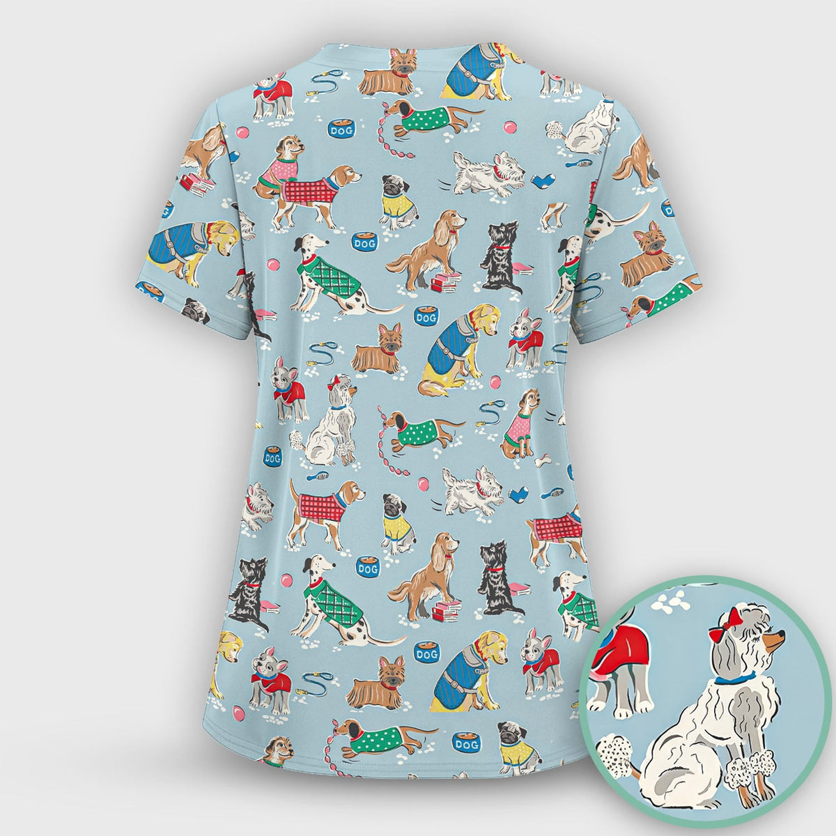 Cute Dog Wearing Sweater Playing Ball Pattern Scrub Top, Comfortable Scrubs for Nurses