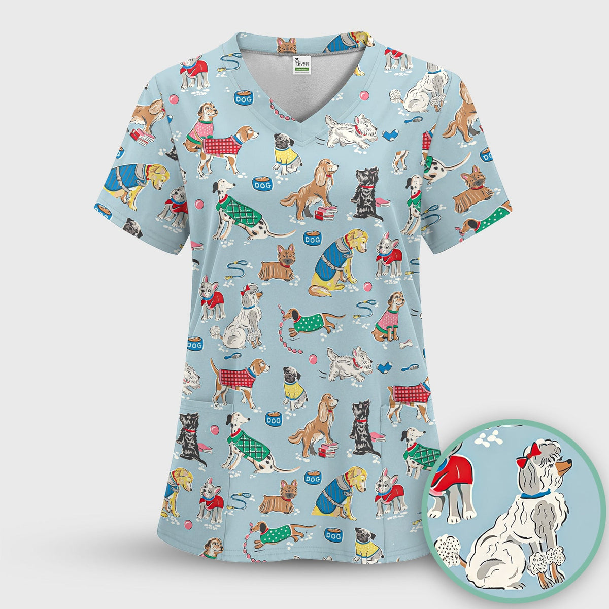 Cute Dog Wearing Sweater Playing Ball Pattern Scrub Top, Comfortable Scrubs for Nurses