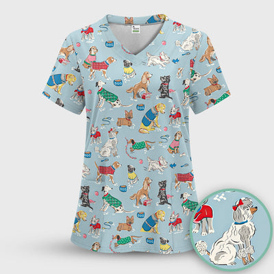 Cute Dog Wearing Sweater Playing Ball Pattern Scrub Top, Comfortable Scrubs for Nurses