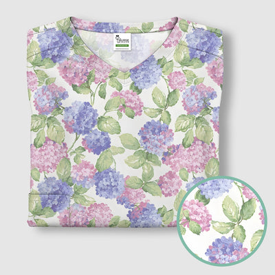 Soft Pastel Watercolor Hydrangea Floral Pattern Scrub Top, Comfortable Scrubs for Nurses