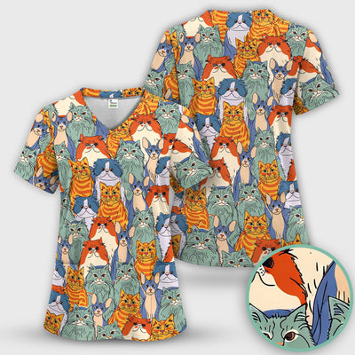 Cute Multicolor Cat Faces Illustration Pattern Scrub Top, Comfortable Scrubs for Nurses