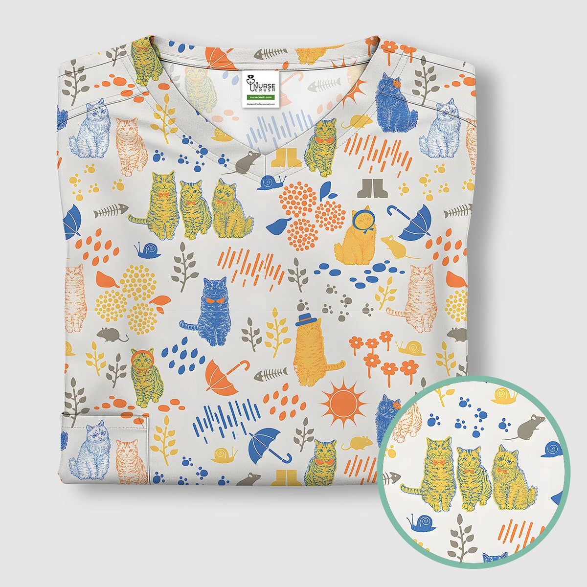 Cozy Rainy Day Cat Lover Nature Nurse Pattern Scrub Top, Comfortable Scrubs for Nurses