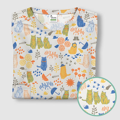 Cozy Rainy Day Cat Lover Nature Nurse Pattern Scrub Top, Comfortable Scrubs for Nurses