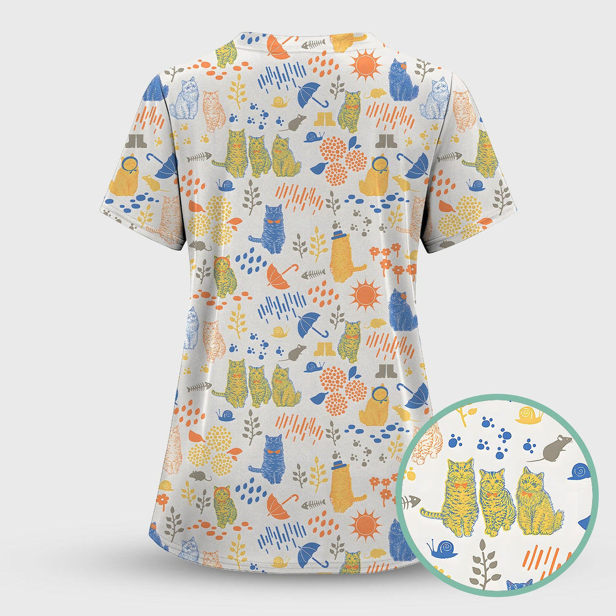 Cozy Rainy Day Cat Lover Nature Nurse Pattern Scrub Top, Comfortable Scrubs for Nurses