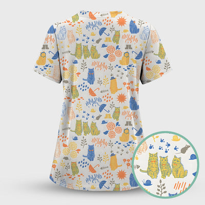Cozy Rainy Day Cat Lover Nature Nurse Pattern Scrub Top, Comfortable Scrubs for Nurses