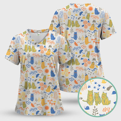 Cozy Rainy Day Cat Lover Nature Nurse Pattern Scrub Top, Comfortable Scrubs for Nurses