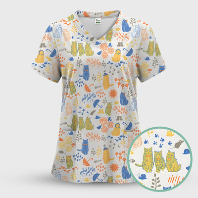 Cozy Rainy Day Cat Lover Nature Nurse Pattern Scrub Top, Comfortable Scrubs for Nurses