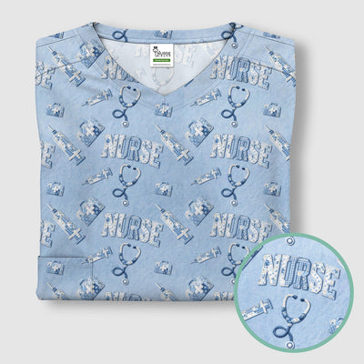Blue Nurse Medical Pattern Scrub Top for Women, Breathable Nursing Uniform