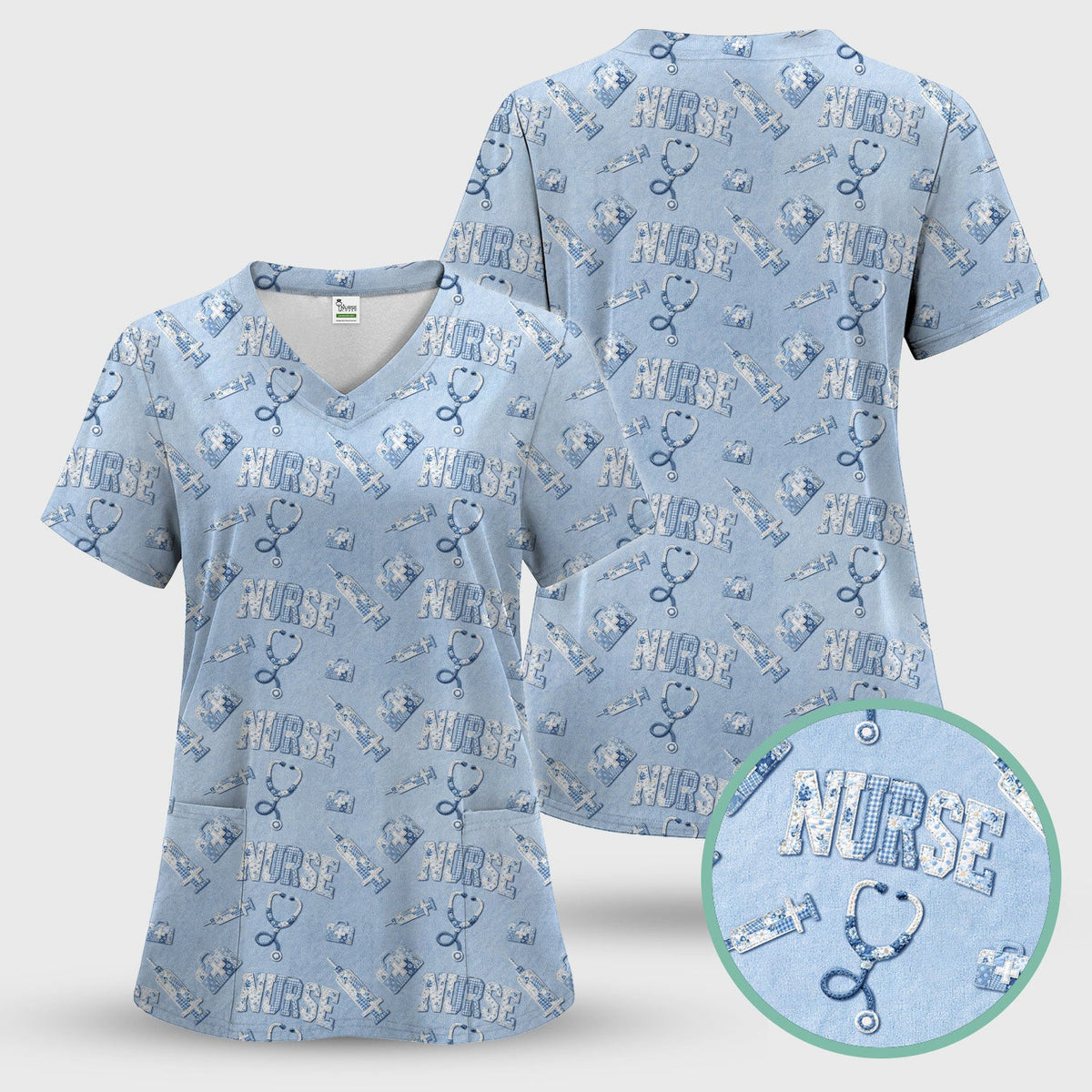 Blue Nurse Medical Pattern Scrub Top for Women, Breathable Nursing Uniform