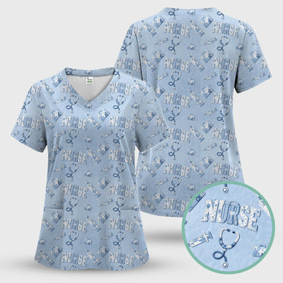 Blue Nurse Medical Pattern Scrub Top for Women, Breathable Nursing Uniform