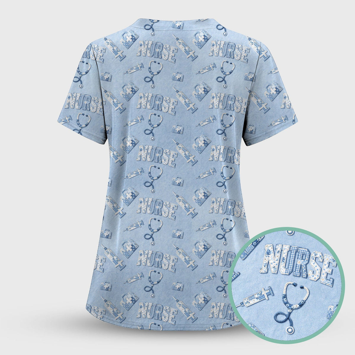 Blue Nurse Medical Pattern Scrub Top for Women, Breathable Nursing Uniform