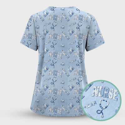 Blue Nurse Medical Pattern Scrub Top for Women, Breathable Nursing Uniform