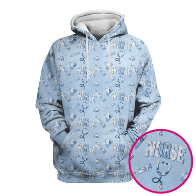 Blue Nurse Medical Pattern Scrub Top for Women, Breathable Nursing Uniform