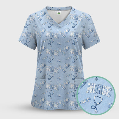 Blue Nurse Medical Pattern Scrub Top for Women, Breathable Nursing Uniform
