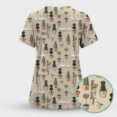 Vintage Garden Statue Topiary Goose Bird Pattern Scrub Top, Comfortable Scrubs for Nurses
