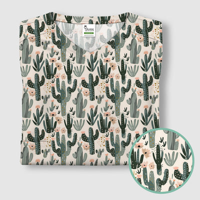 Green Cactus Desert Blossom Pattern Scrub Top, Comfortable Scrubs for Nurses