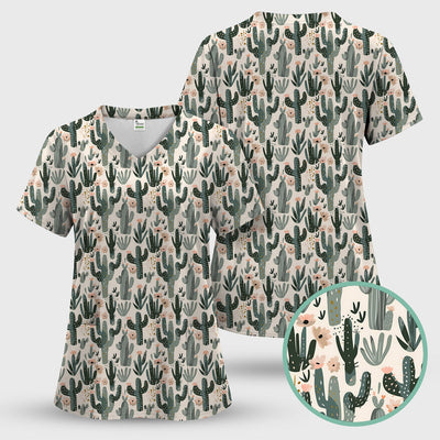 Green Cactus Desert Blossom Pattern Scrub Top, Comfortable Scrubs for Nurses
