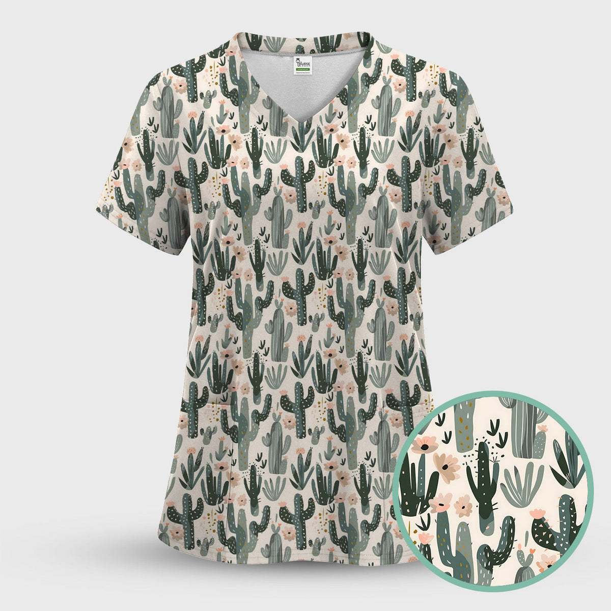 Green Cactus Desert Blossom Pattern Scrub Top, Comfortable Scrubs for Nurses