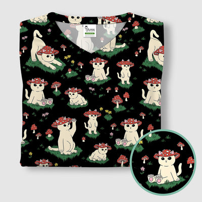 Cute Mushroom Cat Pattern Scrub Top, Comfortable Scrubs for Nurses