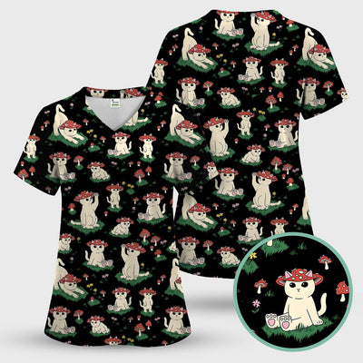 Cute Mushroom Cat Pattern Scrub Top, Comfortable Scrubs for Nurses