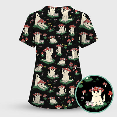 Cute Mushroom Cat Pattern Scrub Top, Comfortable Scrubs for Nurses