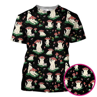 Cute Mushroom Cat Pattern Scrub Top, Comfortable Scrubs for Nurses
