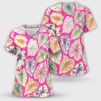Tropical Colorful Shaped Leaf Nurse Pattern Scrub Top, Breathable Medical Scrubs