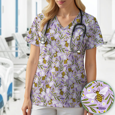Cute Lavender Bee Floral Pattern Scrub Top, Comfortable Scrubs for Nurses