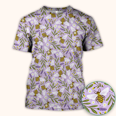 Cute Lavender Bee Floral Pattern Scrub Top, Comfortable Scrubs for Nurses
